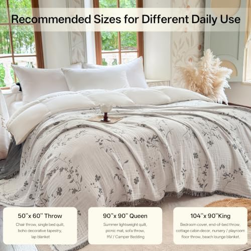 FALUCA Muslin Cotton Throw Blanket Boho Floral Jacquard with Fringe, 90 * 90 Blooms Pattern, Reversible Soft Breathable Cover for Couch Sofa Bedroom Vintage Farmhouse Home Decorative, White&Grey