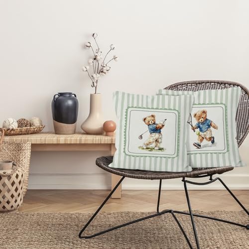 Sports Bear Nursery Throw Pillow Cover 18x18, Golf Tennis Player Bear Decorative Pillow Covers for Kids Toddler Boy Nursery Room Bedroom Playroom, Sports Accent Pillows Cover Pillowcases, Set of 2