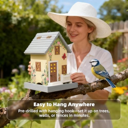 MEWANG Colorful Hanging Wooden Bird House Feeder, Light Yellow