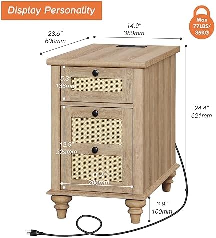 WAMPAT Farmhouse End Table with Charging Station, Rattan Side Table, Oak