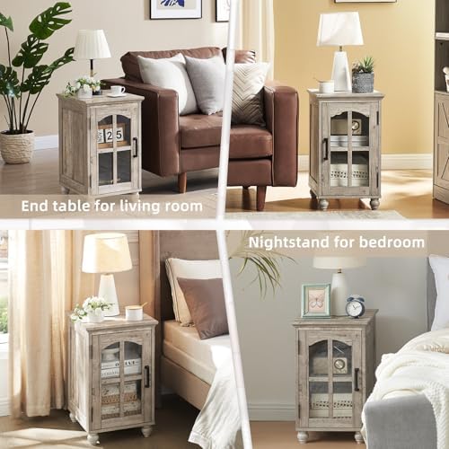 Narrow Side Table Set of 2, Farmhouse Nightstand with Charging Station