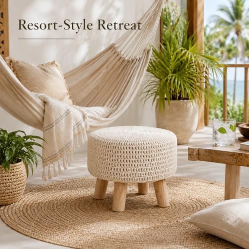 13" Round Handmade Cotton Knitted Boho Small Ottoman with Non-Skid Wood Leg