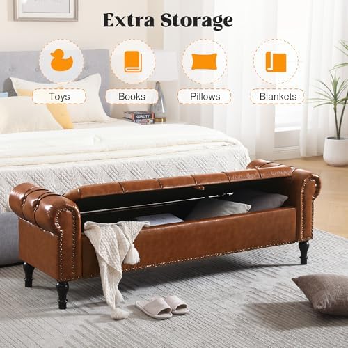 Storage Bed Bench for Bedroom, Faux Leather 67" End of Bed Benches, King Size Bench with Arm, Tufted Button Upholstered Ottoman Bench for Living Room, Entryway, Yellow Brown
