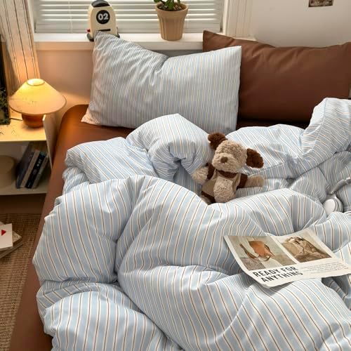 Vintage Striped Duvet Cover Twin XL - 3 Pieces Blue & Brown Stripes Bedding