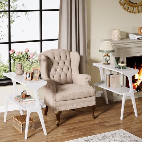 Tribesigns Set of 2 Solid Wood End Table, 2-Tier Modern White End Table with Storage Shelves, Tall Slim Side Table for Couch with Unique Legs, Long Bedside Table for Bedroom, Living Room