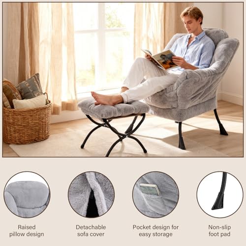 Welnow Lazy Chair with Ottoman, Reading Chair with Footrest, Grey