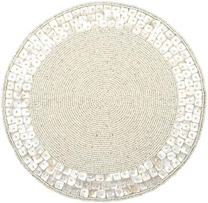 Lightnpro Handmade Beaded Placemats Set of 2 – 13 Inch Round Ivory Seacell, Handcrafted Artisan Table Accessories, Farmhouse Glam Decorative Dining Table Décor for Christmas, Weddings & Gatherings