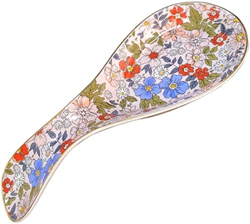 Ceramic Spoon Rest for Stove Top Kitchen Counter Large Spoon Holder Farmhouse Floral Flowers Print Coffee Spoon Cooking Utensil Tools Rest Modern Kitchen Decor