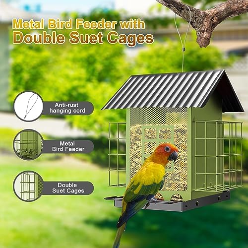 FlowaFoli Bird Feeders for Outdoors Hanging, Metal Bird Feeder with Double Suet Cage Cake, Large Capacity, Birdfeeders Sturdy & Weatherproof, Easy to Clean & Refill, Great for Attracting Wild Birds