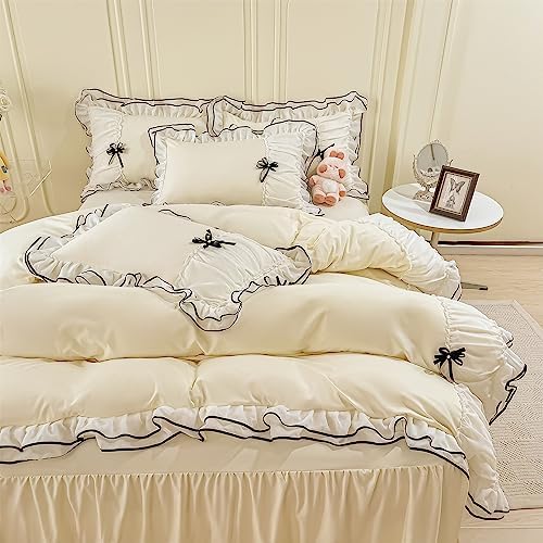 IHOUSTRIY Kid's Duvet Cover Twin Size, Ruffle Beddding Set with Bowtie, 2 Pieces Comforter Cover Set with Zipper Closure, Girl Bedding with Pillowcase - Cream Yellow, Twin