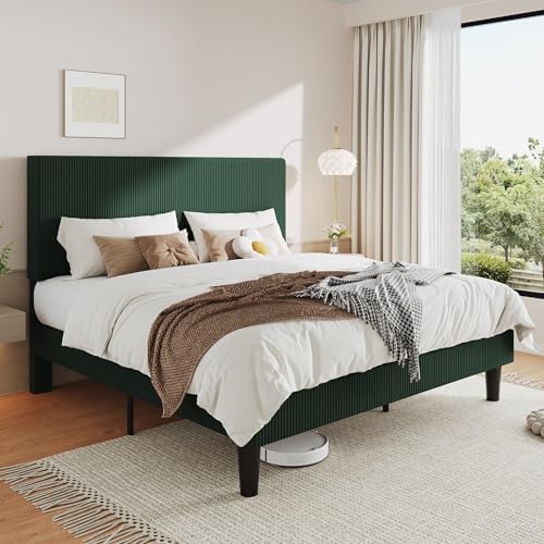 Allewie King Bed Frame, Corduroy Tufted Headboard, Dark Green