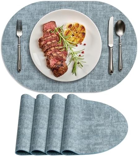Faux Leather Oval Placemats Set of 4, Light Blue