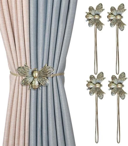 Curtain Holdbacks Set of 4, Brown Resin Magnetic Curtain Tiebacks Flying Bee Curtain Holders, Ties for Drapes, Farmhouse Decoration Accessories