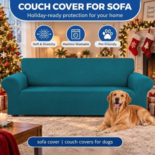 KEKUOU Stretch Couch Covers for Sofa,3 Cushion Couch Slipcover,Peacock Blue