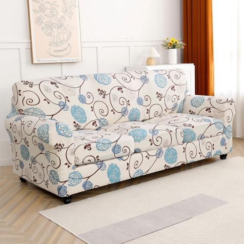SearchI Stretch Sofa Cover Printed Couch Cover, Floral Pattern 4 Pieces Sofa Slipcover with 3 Separate Cushion Cover, Washable Furniture Protector for Living Room(Sofa, Ball Flower)