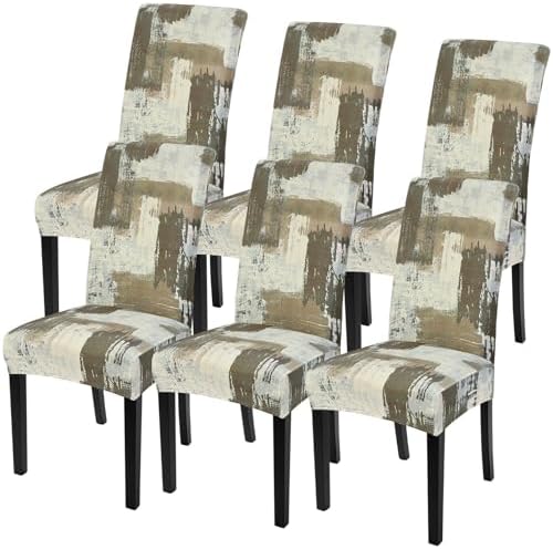 SearchI Dining Room Chair Covers Set of 6, Stretch Printed Floral Parsons Chair Slipcovers Removable Washable Kitchen Chair Protector Cover for Dining Room, Hotel, Ceremony (Brown Abstract Pattern)