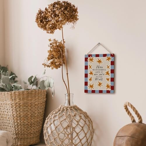 FUGWN Vintage Nursery Hanging Wooden Signs 8x10, How Wonderful Life Is Now You're In the World Wall Decor Wood Plaque Hanging Decorations for Kids Toddler Boys Girls Room Bedroom Playroom Door Decor