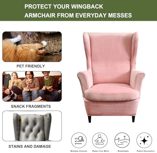HAOYONG Velvet Wingback Armchair Covers 2-Piece Elastic Stretch Wingback Chair Sofa Slipcover Soft Wingback Chair Slipcover Washable Armchair Protector Cover for Living Room Wedding and Party