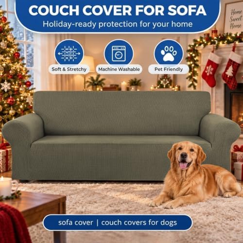 KEKUOU Stretch Couch Covers for Sofa, 3 Cushion Couch Slipcover,Khaki