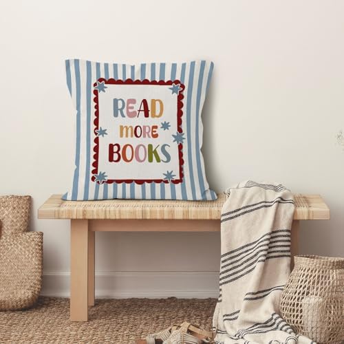 Boho Classroom Reading Throw Pillow Cover 18x18, Book Lover Bookish Gifts Decorative Pillow Covers for Kids Nursery Bedroom Reading Room Corner Nook, Blue Striped Accent Pillows Cover Pillowcases