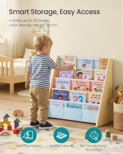 SONGMICS Kids Bookshelf, 4-Tier Sling Bookcase, 24.6 x 9.8 x 23.6 Inch