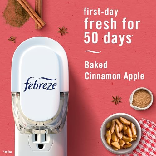 Febreze Plug-In Air Freshener, Odor-Fighting Scented Oil Refill for Home, Bathroom & Kitchen, Holiday Baked Cinnamon Apples Scent, 0.87 oz Refills, 4 Count