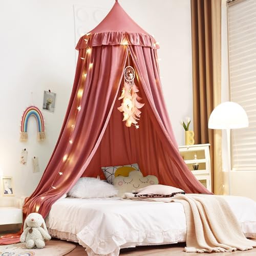 Kertnic Decor Princess Canopy for Girls Bed, Soft Smooth Playing Tent Canopy Room Decoration Castle, Dreamy Mosquito Net Bedding, Reading Nook Canopies in Home (Red Bean Color)
