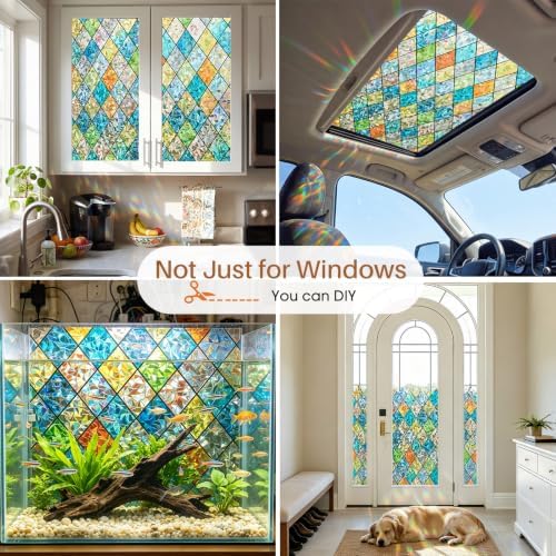 Sunbaby Stained Glass Winodw Film, Rainbow Lattice Stickers, 29.5"x78.7"