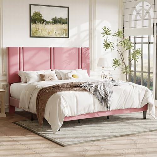 Allewie King Size Platform Bed Frame with Velvet Upholstered Headboard