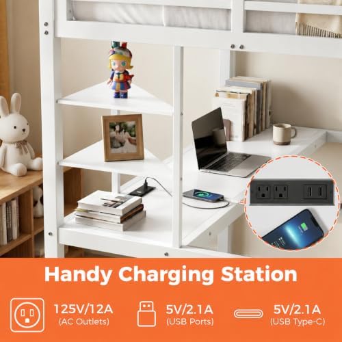 Twin Loft Bed with Desk, USB Charging Station, LED Light，Storage Shelves