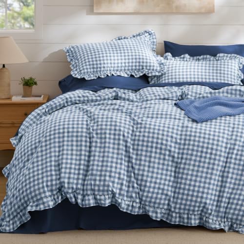 Bedsure Gingham Ruffle Duvet Cover Set, Queen Cotton-Like Quilt Cover, Blue