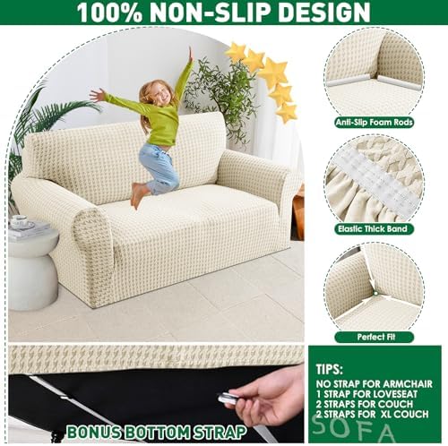 MAXIJIN Stretch Loveseat Couch Cover for 2 Cushion Couch (55"-69" Washable Sofa Slipcovers with Non-Slip Foam & Elastic Strap, Dog Cat Pet Friendly Furniture Protector (Medium, Beige)
