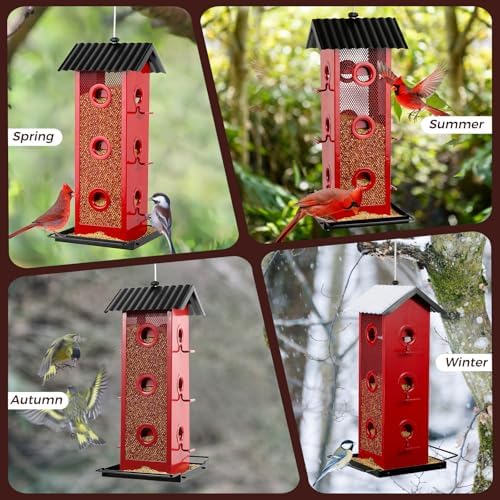 All Metal Bird Feeder for Outdoors Hanging | 14-Port Multi-Bird Viewing | Rust-Proof, Waterproof & Easy-Clean | Attracts Cardinals, Finches, Chickadees & More (Cardinal with Black Base)