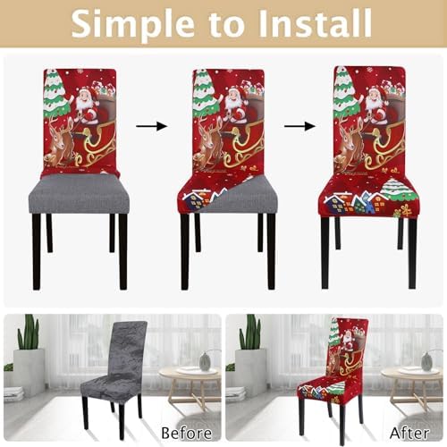 SearchI Christmas Chair Covers Set of 2, Stretch Xmas Kitchen Chair Cover Removable Washable Holiday Parsons Chair Slipcovers for Dining Room, Christmas Decoration, Ceremony(Santa Claus+Elk)