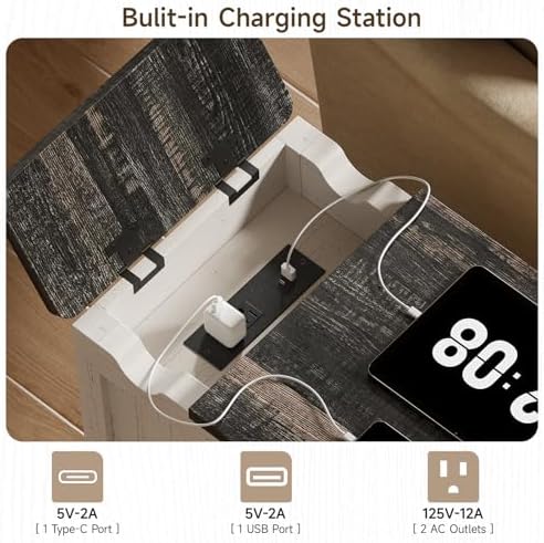 ONBRILL Farmhouse End Table Set of 2 with Charging Station,Rustic White