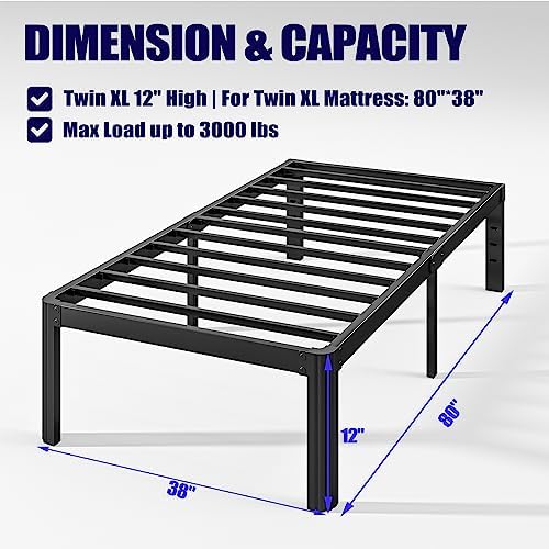 Hunlostten 12" Twin XL Heavy Duty Bed Frame No Box Spring Needed, Metal Twin XL Platform Bed Frame with Round Corners, Easy Assembly, Noise Free, Black