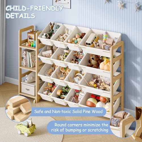 EXPERLAM Toy Storage Organizer, Toy Storage Shelf with 3 Shelves and 16 Storage Bins (12 Small + 4 Large), 3-in-1 Kids Bookshelf for Kids Rooms, Playroom, Nursery, White
