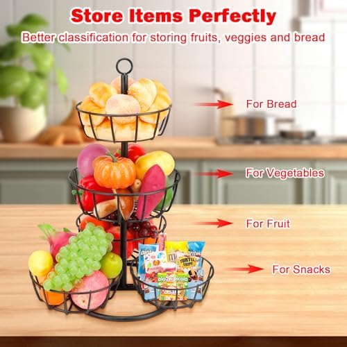 Livabber Fruit Basket Bowl, Metal Fruit Vegetable Storage Basket for Kitchen Counter, Large Capacity Vegetable Holder Rack Detachable Organizer for Bread Snack Produce (Black, 5-Tier Metal Base)