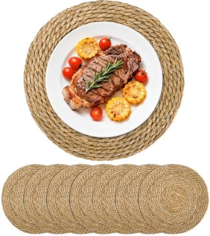 Set of 8 Round Woven Placemats, 13 Inch Rattan Chargers for Dinner Plates, Wicker Placemats, Boho Farmhouse Rustic Braided Jute Table Mats for Kitchen Dining Party Decor