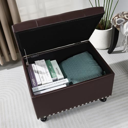 Adeco Faux Leather Storage Ottoman Bench with Safety Hinge, 23-Inch Upholstered Footrest Stool for Entryway & Living Room, Holds 350 lbs, Black