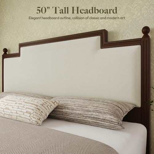 Queen Size Bed Frame with 50.2" Tall Upholstered Headboard, Walnut
