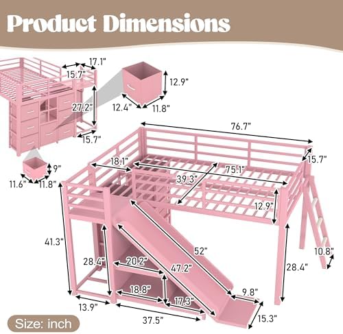 Bellemave Twin Loft Bed with Slide & Ladder, Metal Kids Loft Bed with Storage Drawers & LED Lights, Low Loft Bed Twin Size with Wood Wardrobe & Bookcase, Loft Bed for Kids Teens, Pink