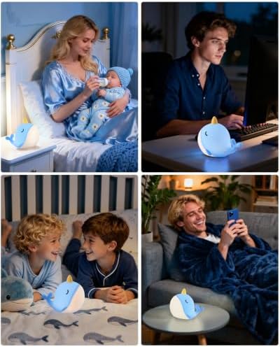 Fuloon Narwhal Night Light, 3-Level Dimming Silicone Touch Lamp with Rechargeable Battery & Timer, Cute Squishy Unicorn Whale Desk Decor, Funny White Elephant Gift for Adults Teens Kids (Blue)