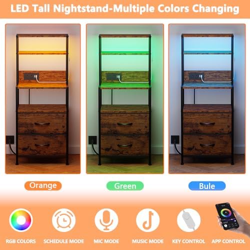 Furnulem Night Stand, Tall Nightstand with 4-Tier Shelves, 2 Fabric Drawers