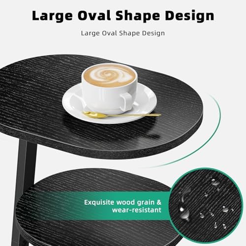 Kalrin Side Table, Small End Table with Metal Frame, 3-Tier Bedside Tables, Round Side Tables for Living Room Bedroom Couch Bathroom, Oval, Pure Black