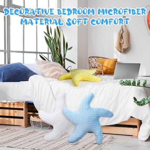 Fumete Starfish Pillow Beach Starfish Shaped Throw Pillows 20'' Stuffed Animal Cute Plush Coastal Decor Ocean Star Pillow Plush Cushion for Bedroom Living Room Sofa Couch(White Yellow Blue,3 Pcs)