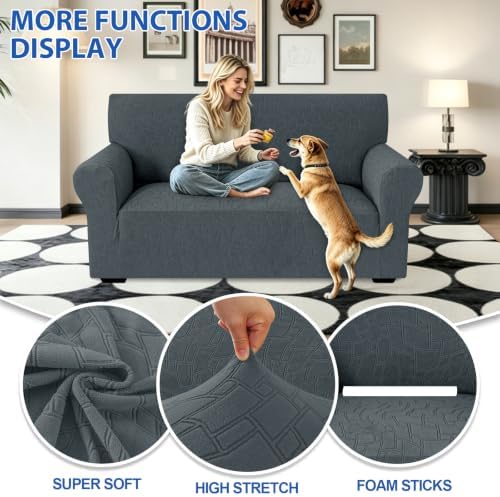 MAXIJIN Waterproof Loveseat Cover Couch Covers (55"-69"), Stretch Love Seat Sofa Slipcovers with Non Slip Elastic Bottom, Dog Pet Friendly Furniture Protector Washable (Medium, Dark Gray)