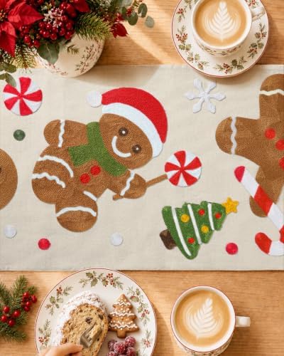 Miss Adola Embroidered Canvas 13"x72" Christmas Table Runner, Gingerbread