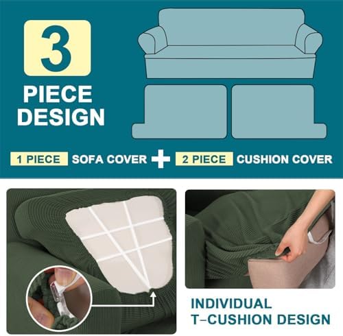 Turquoize 3 Piece T Cushion Sofa Slipcovers Stretch Couch Cover Furniture Covers with 2 Individual T Cushion Covers for Living Room, Machine Washable (2 Cushion Sofa, Bronze Green)