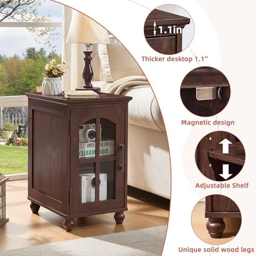 Narrow Side Table Set of 2, Farmhouse Nightstand with Charging Station